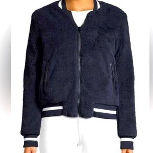 American Stitch Teddy Shepra Bomber Collegiate Jacket leather trim Navy Sz Small